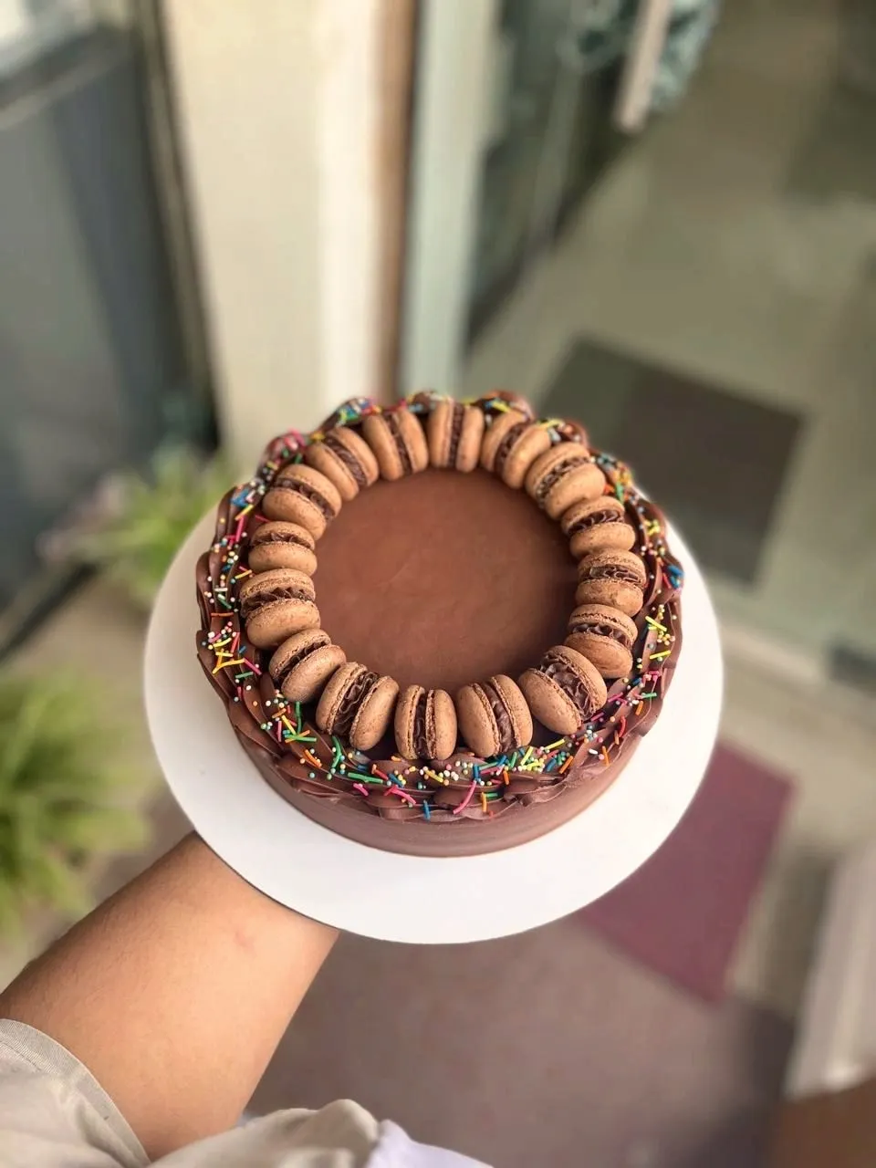 Chocolate cake ringed with macarons