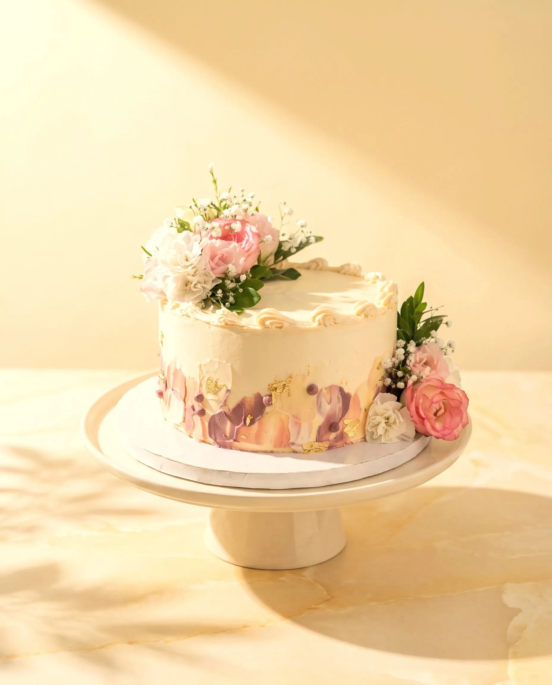 Cream cake with pink and white roses