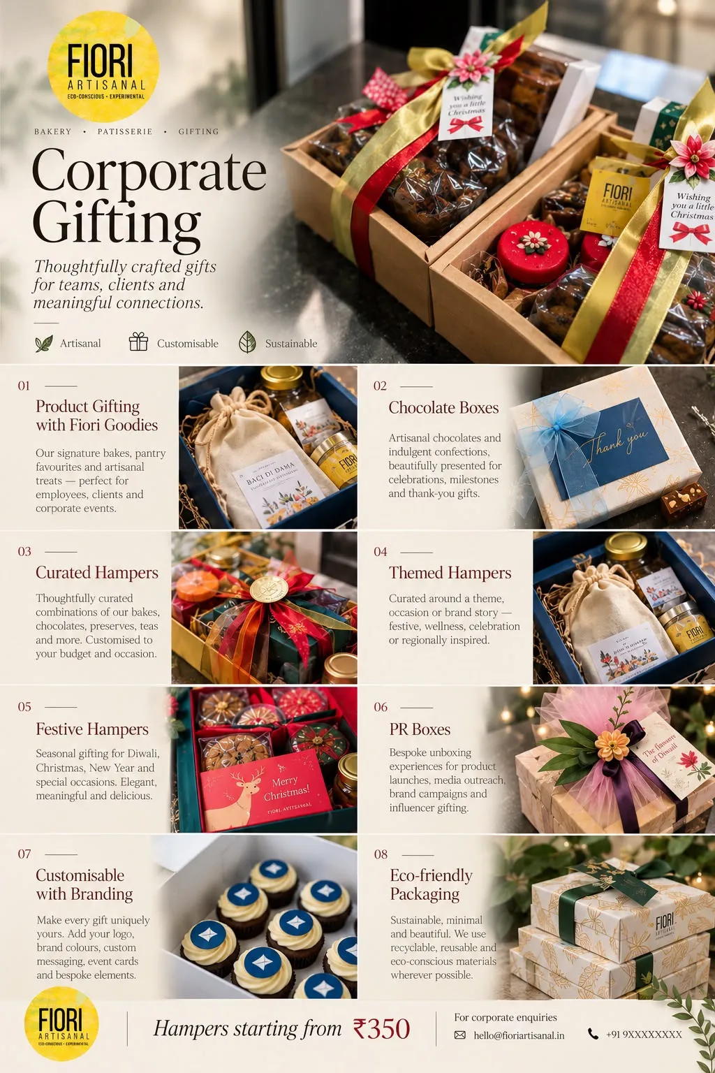 Fiori corporate gifting card: product gifting, chocolate boxes, curated, themed and festive hampers, PR boxes, branding and eco-friendly packaging
