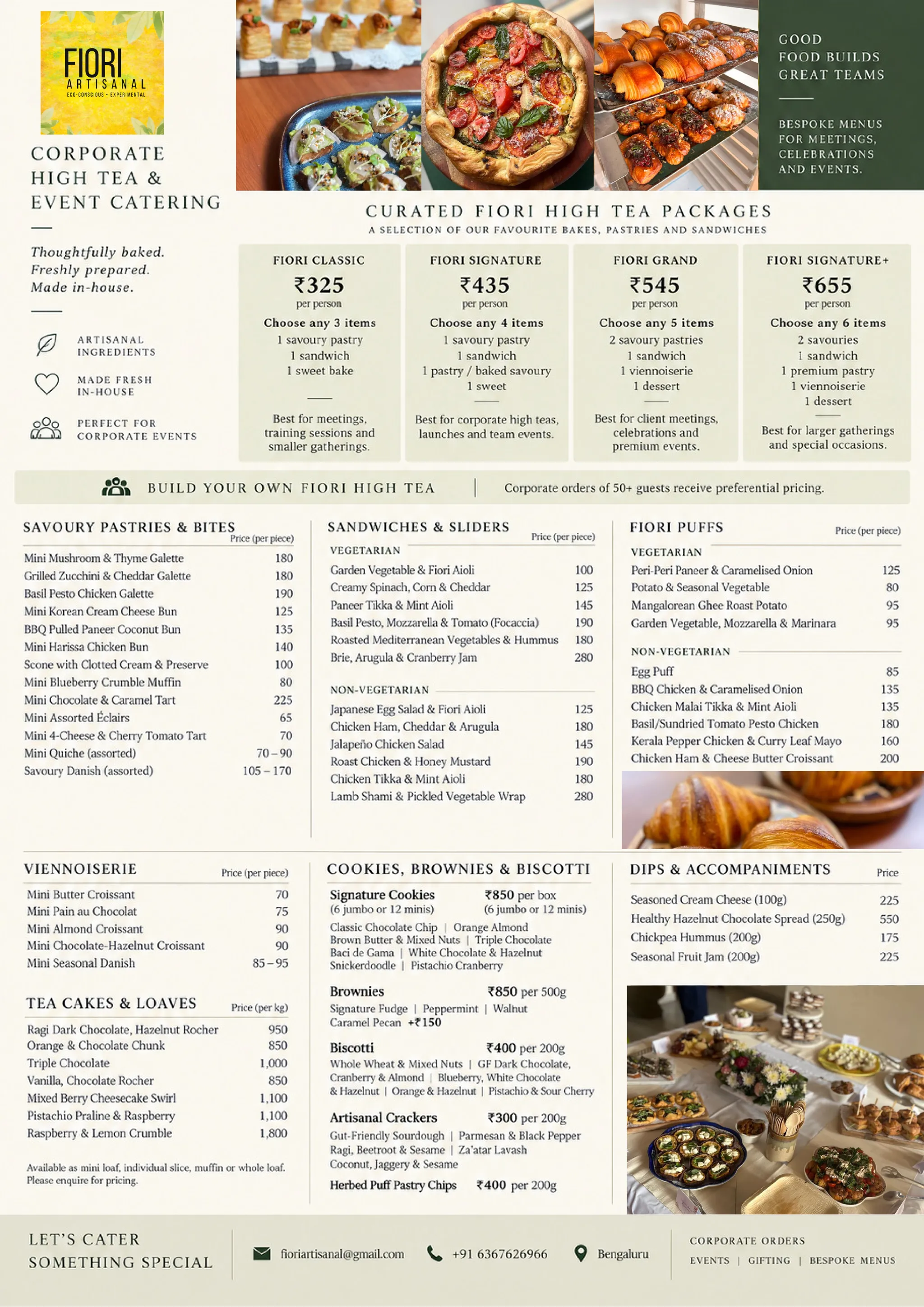 Fiori Artisanal corporate high tea and event catering menu with packages and per-piece prices