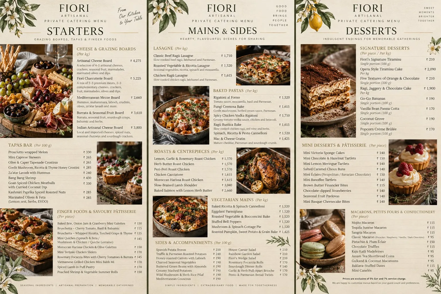Fiori private catering menu: starters, mains and sides, and desserts with prices
